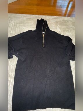 Zara Black Mini Turteneck Knit Dress with Gold Zip